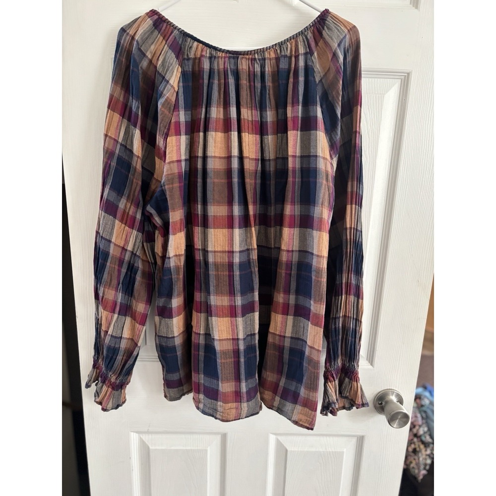 Chaps Cotton Plaid Peasant Blouse Women's 2X Long/Sl Cottage Boho - Picture 6 of 9